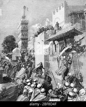 Schlacht von Mazagrin, Februar 1840, zwischen arabischen und Berber Truppen gegen französische Truppen während der französischen Eroberung Algeriens. Vintage oder Alte Illustration oder Gravur 1889 Stockfoto