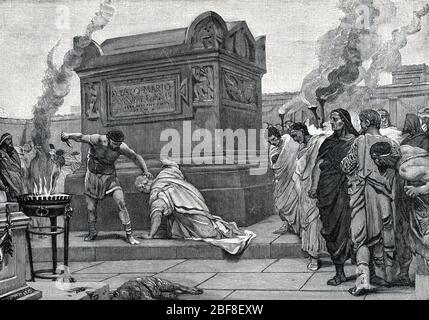 Antiquite romaine 'la mort de Caius Marius dit le jeune (110-82 avant JC) qui se fait coupér la Gorge par Pontius Telesinus' (Tod des Gaius Marius Th Stockfoto