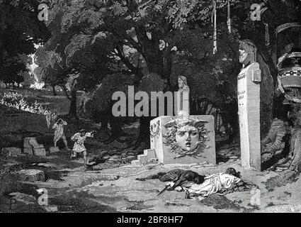 Antiquite romaine : la mort de Caius Gracchus (153-121 avant JC) au bois sacre de Furrina, sur le Janicule 121 avant JC (Tod des Gaius Sempronius Gra Stockfoto