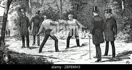 Duell Gegenpol Georges Boulanger (1837-1891) A Gauche a Charles Floquet, le President du Conseil, qui le blesse le 13 juillet 1888 ( das Duell zwischen F Stockfoto