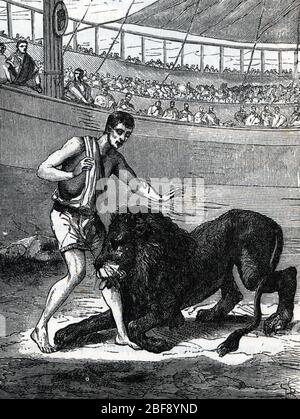 'L'esclave romain Androcles livre aux betes dans un cirque est epargne par le Lion qu'il avait soigne dans le Desert, 1er siecle' (der römische Sklave und Stockfoto