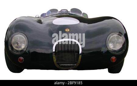 Vorderansicht eines klassischen Jaguar XK120c C-Type Rennwagens Stockfoto