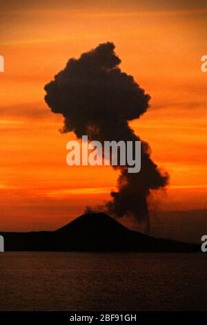 Vulkanasche bei einem Ausbruch des Anak Krakatau im August 1999. Stockfoto