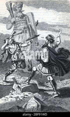 Mythologie nordique : Repräsentation von Thor combattant le geant Hrungnir (nordische Mythologie : Thor (Donar), germanischer Gott des Donners, Duell mit dem Stockfoto