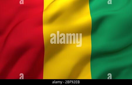 Flagge von Guinea weht im Wind. Ganze Seite guineische Flagge. 3D-Darstellung. Stockfoto