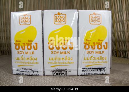 Chiangmai, Thailand - April 17 2020: Sang Sang Sojamilch. Produkt von Lactasoy Thailand Company. Stockfoto