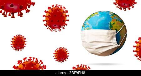 Modell des COVID-19 Coronavirus rot, das sich in der Nähe des Planeten Erde ausbreitet, Gesichtsmaske, Konzept der Pandemie, Medizin und Gesundheit. Epidemie, Quarantäne und Isolation, Schutz. Stockfoto