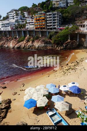 Rote Flut an Playa L'Angosta am Pazifik, Acapulco, Mexiko. Stockfoto