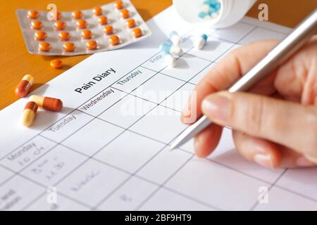 Schmerzbehandlung Konzept: Wöchentliche Schmerztabellenblatt für Ursachenanalyse mit Stift und Medizin. Stockfoto