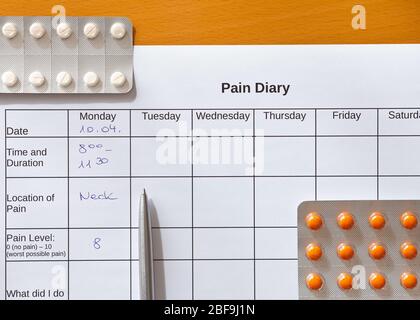 Schmerzbehandlung Konzept: Wöchentliche Schmerztabellenblatt für Ursachenanalyse mit Stift und Medizin. Stockfoto