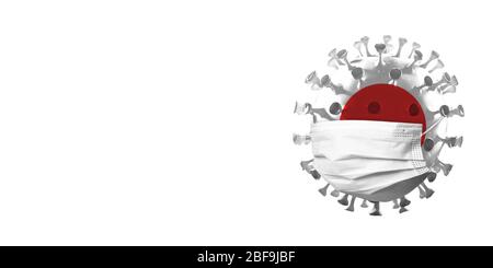 Modell des COVID-19 Coronavirus in der nationalen Japan-Flagge in Gesichtsmaske gefärbt, Konzept der Pandemie Ausbreitung, Medizin und Gesundheit. Weltweite Epidemie, Quarantäne und Isolation, Schutz. Copyspace. Stockfoto