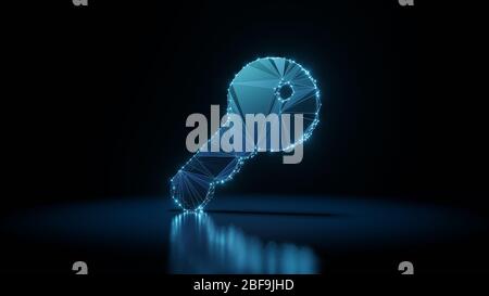 3d Rendering Wireframe digital Techno neon glühende Symbol der Taste mit leuchtenden Punkten auf schwarzem Hintergrund mit Blured Reflexion auf dem Boden Stockfoto