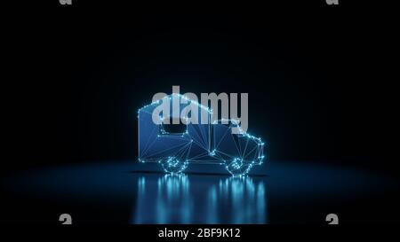 3d Rendering Drahtglanz digitale Techno Neon glühende Symbol des fahrenden Autos mit leuchtenden Punkten auf schwarzem Hintergrund mit Blured Reflexion auf dem Boden Stockfoto