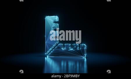 3d Rendering Drahtglanz digitale Techno Neon glühende Symbol des Lineals in rechtwinkligen Form mit leuchtenden Punkten auf schwarzem Hintergrund mit Blured Reflexion o Stockfoto