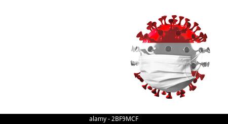 Modell des COVID-19 Coronavirus in der österreichischen Nationalflagge in Gesichtsmaske, Konzept der Pandemie-Verbreitung, Medizin und Gesundheit gefärbt. Weltweite Epidemie, Quarantäne und Isolation, Schutz. Copyspace. Stockfoto