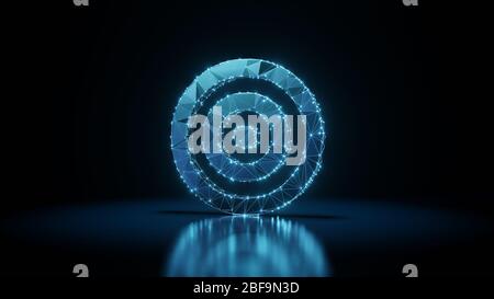 3d Rendering Wireframe digital Techno neon glühende Symbol des Ziels mit leuchtenden Punkten auf schwarzem Hintergrund mit Blured Reflexion auf dem Boden Stockfoto