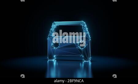 3d Rendering Drahtglanz digitale Techno Neon glühende Symbol des Autos von vorne mit leuchtenden Punkten auf schwarzem Hintergrund mit Blured Reflexion auf dem Boden Stockfoto
