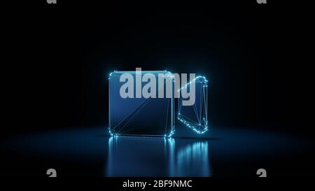 3d Rendering Drahtglanz digitale Techno Neon glühende Symbol der Kamera mit leuchtenden Punkten auf schwarzem Hintergrund mit Blured Reflexion auf dem Boden Stockfoto