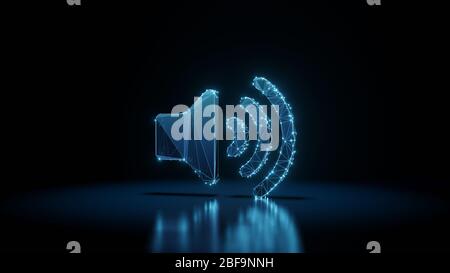 3d Rendering Wireframe digital Techno neon glühende Symbol der Lautsprecher hoch mit leuchtenden Punkten auf schwarzem Hintergrund mit Blured Reflexion auf dem Boden Stockfoto