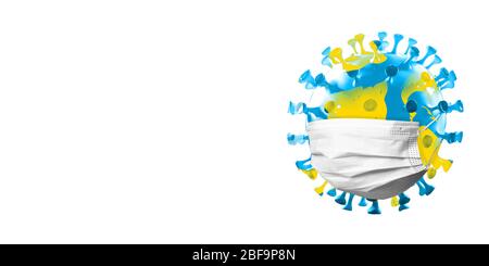 Modell des COVID-19 Coronavirus gefärbt wie Planet Erde trägt Gesichtsmaske, Konzept der Pandemie Ausbreitung, Medizin und Gesundheit. Epidemie, Quarantäne und Isolation, Schutz. Copyspace. Stockfoto