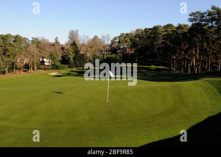 Blick vom 2nd Green zurück zum Tee und 1st Green, Camberley Heath Golf Club, Camberley, Surrey, England Stockfoto