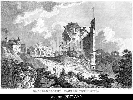 Gravur von Knaresborough Castle Yorkshire gescannt in hoher Auflösung aus einem Buch gedruckt im Jahr 1827. Dieses Bild ist frei von jegl. Copyright Stockfoto