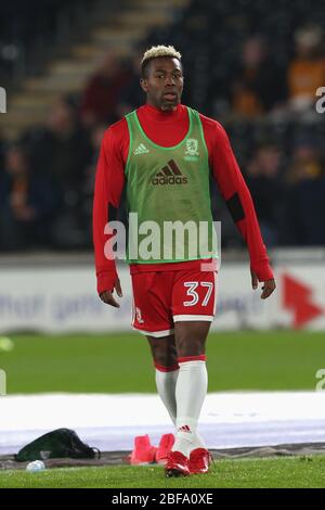 KINGSTON UPON HULL, GROSSBRITANNIEN. Britt Assombalonga aus Middlesbrough wärmt sich vor dem Sky Bet Championship Spiel zwischen Hull City und Middlesbrough im KC Stadium, Kingston upon Hull am Dienstag, den 31. Oktober 2017. (Quelle: Mark Fletcher, Mi News) Stockfoto