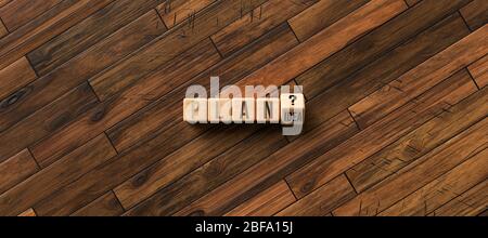 Würfel mit Buchstaben, die das Wort PLAN und die Antwort zeigen ? Oder IDEE auf Holzhintergrund - 3D gerenderte Illustration Stockfoto