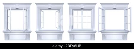 Geschlossene und offene Vintage-Fenster mit klassischer Einrichtung. Satz von Öffnungen mit Eckrahmen isoliert auf weiß mit Kopierraum Stockfoto