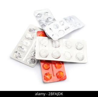 Leere Blister-Packungen für Pillen auf weißem Hintergrund Stockfoto