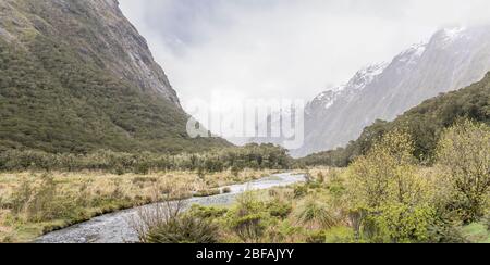 Landschaft mit Fluss Hollyford Bergtal unter niedrigen Wolken in der Nähe von Monkey Creek, aufgenommen in hellen bewölkten Licht im Fiordland Park, Southland, South Isl Stockfoto