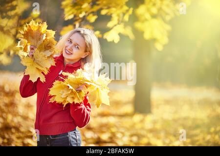 Lady posiert mit Blättern herbstliche Natur Hintergrund. Mädchen blonde Make-up verträumte Gesicht halten Bündel gefallen Ahorn gelbe Blätter. Herbstliches Konzept. Frau spen Stockfoto