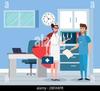 Super Krankenschwester und Sanitäter im Sprechzimmer Stock Vektor