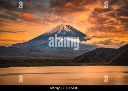 Landschaftsbild von Mt. Fuji über dem Motosu-See mit Herbstlaub bei Sonnenuntergang in Yamanashi, Japan. Stockfoto