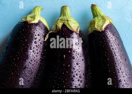 Dunkelviolette Auberginen mit Wasser bestreut. 3 Auberginen Nahaufnahme oben. Frisch geerntetes Gemüse mit Tropfen Wasser bedeckt. Stockfoto