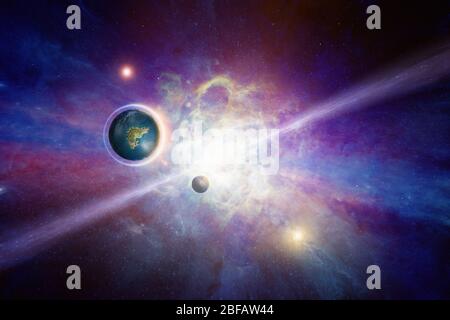 Abstrakter Science-Fiction-Hintergrund - menschliche Kolonie im Weltraum auf erdähnlichen Planeten. Elemente dieses Bildes, die von der NASA bereitgestellt wurden Stockfoto