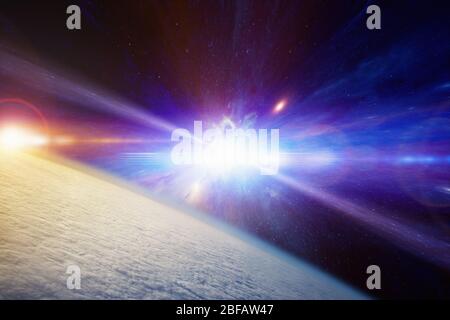 Abstrakt wissenschaftlicher Hintergrund - Planet Erde mit Wolken bedeckt, katastrophale stellare Explosion der Supernova. Elemente dieses Bildes von NA eingerichtet Stockfoto