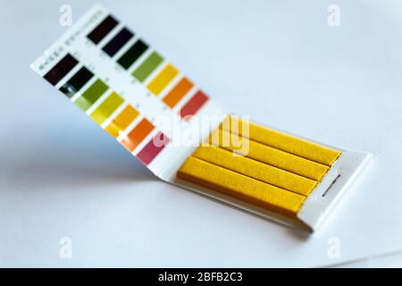 Universeller Lackmus pH-Test und Farbskala auf Weiß Stockfoto