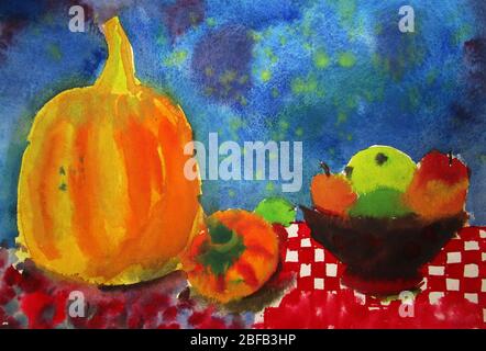 Herbststill Leben mit Kürbissen, Aquarell Illustration Stockfoto