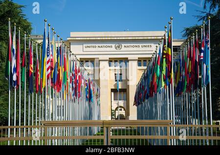 Genf, Schweiz - 14. September 2017: Palast der Nationen - Sitz der Vereinten Nationen in Genf, Schweiz Stockfoto