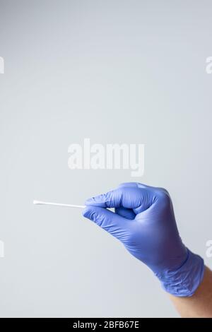 Blaue Handschuhlappte hält Coronavirus nasalen Test Stick, oder Covid-19. Testkonzept für Coronavirus. Stockfoto