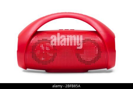 Moderne tragbare rote Handy-Lautsprecher Boombox isoliert auf weißem Hintergrund Nahaufnahme Vorderansicht Stockfoto