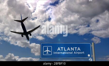 Flugzeug Silhouette Landung in Atlanta, Georgia, USA. Ankunft in der Stadt mit Schild in Richtung Flughafen und blauem Himmel im Hintergrund. Reisen, Stockfoto