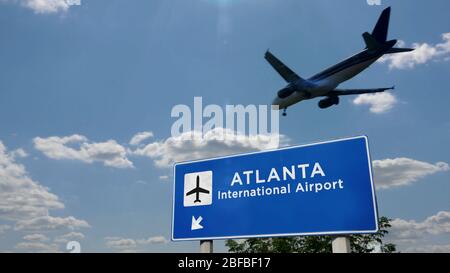 Flugzeug Silhouette Landung in Atlanta, Georgia, USA. Ankunft in der Stadt mit Schild in Richtung Flughafen und blauem Himmel im Hintergrund. Reisen, Stockfoto