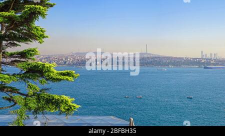Luftbild von oben Panoramablick auf Harem Bezirk über Wasserstraße des Bosporus oder Bosporus Meerenge zwischen europäischen und asiatischen Teil von Istanbul Stadt, Hügel und Stockfoto