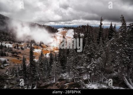 Dampf steigt aus den vielen geothermischen Eigenschaften im Bumpass Hell Basin des Lassen Volcanic National Park in Kalifornien auf. Stockfoto