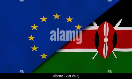 Zwei Staatsflaggen der Europäischen Union und Kenias. Qualitativ hochwertiger Hintergrund. 3d-Darstellung Stockfoto