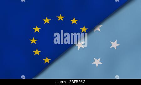 Zwei Staaten Flaggen der Europäischen Union und Mikronesien. Qualitativ hochwertiger Hintergrund. 3d-Darstellung Stockfoto