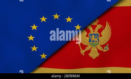 Zwei Staatenflaggen der Europäischen Union und Montenegros. Qualitativ hochwertiger Hintergrund. 3d-Darstellung Stockfoto