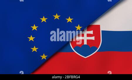 Zwei Staatenflaggen der Europäischen Union und der Slowakei. Qualitativ hochwertiger Hintergrund. 3d-Darstellung Stockfoto